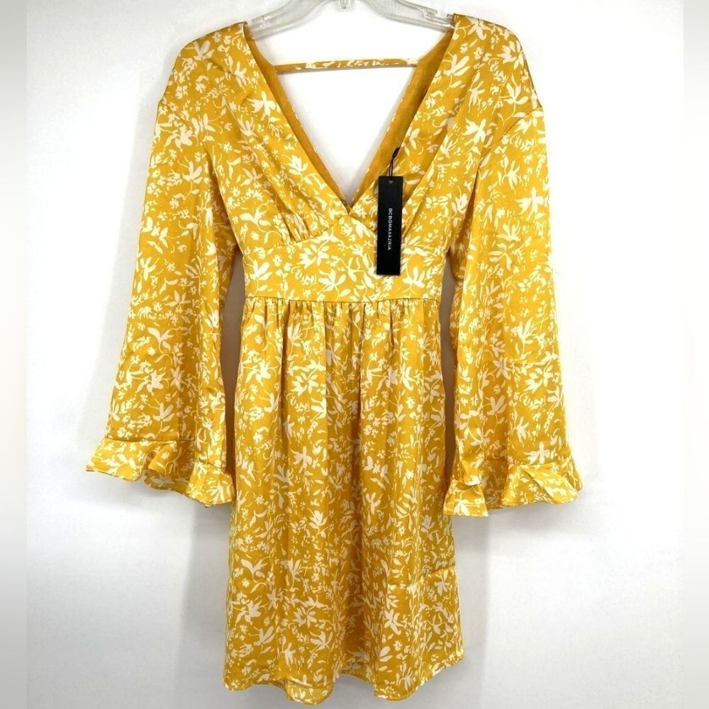 NWT BCBG Delilah Yellow Long Sleeve w/ Sash Dress. XXS